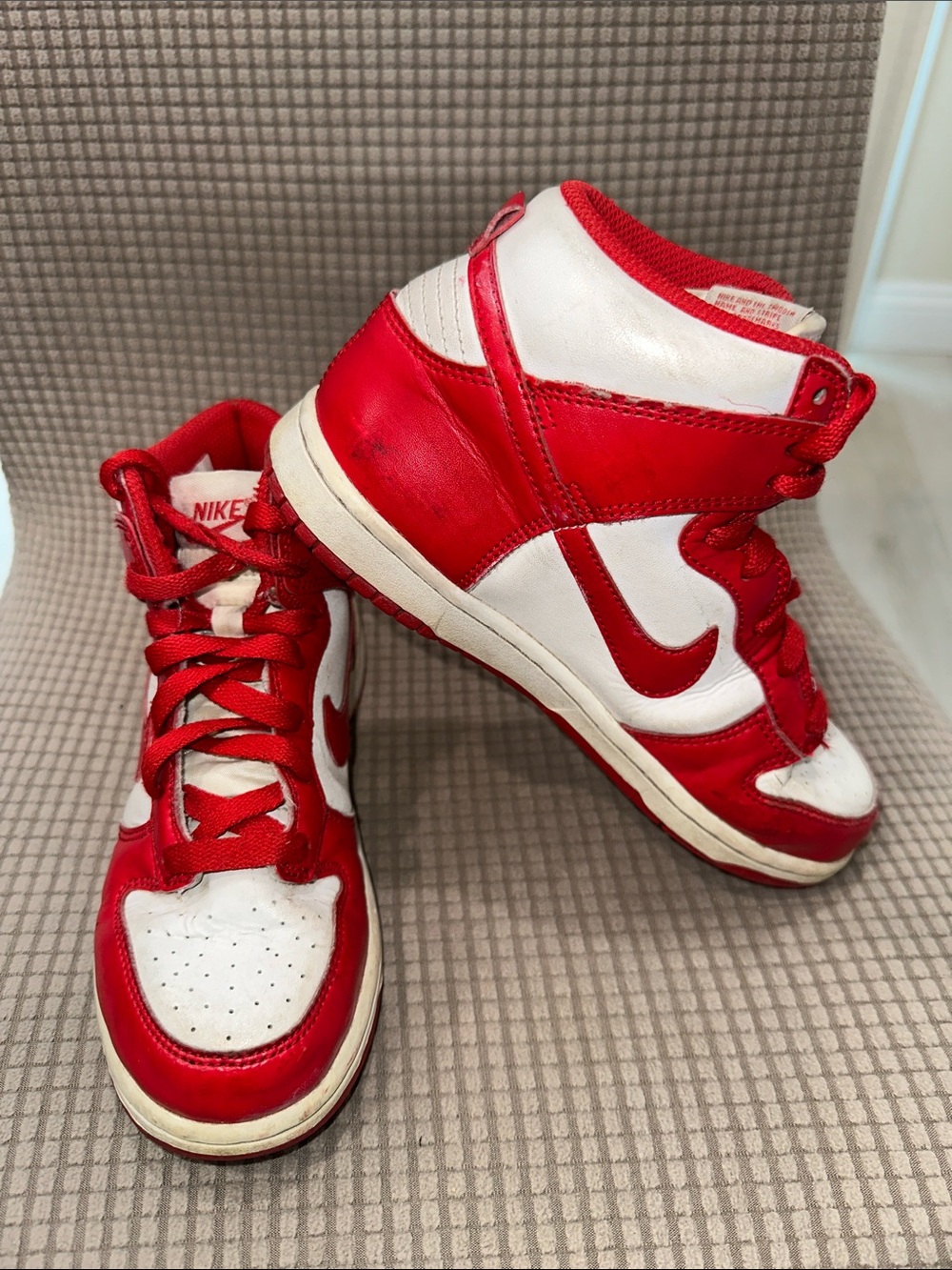 Kids Nike Red/White Mid-Top Swoosh Sneakers ( child’s name is ironed on inside )